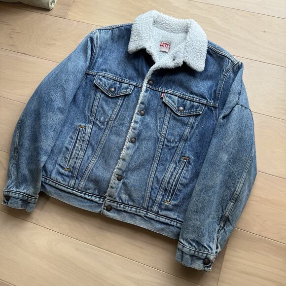 Vintage Levis Sherpa Trucker Jacket 44 Blue 80s Heavy Denim Outerwear USA - Picture 12 of 12